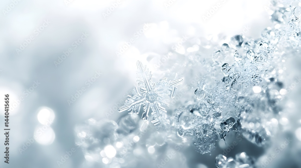 A single, intricately detailed snowflake rests on a bed of ice crystals. The image is soft, light, and features a bokeh effect, creating a dreamy winter wonderland scene. A single, intricately detailed snowflake rests on a bed of ice crystals. The image is soft, light, and features a bokeh effect, creating a dreamy winter wonderland scene.