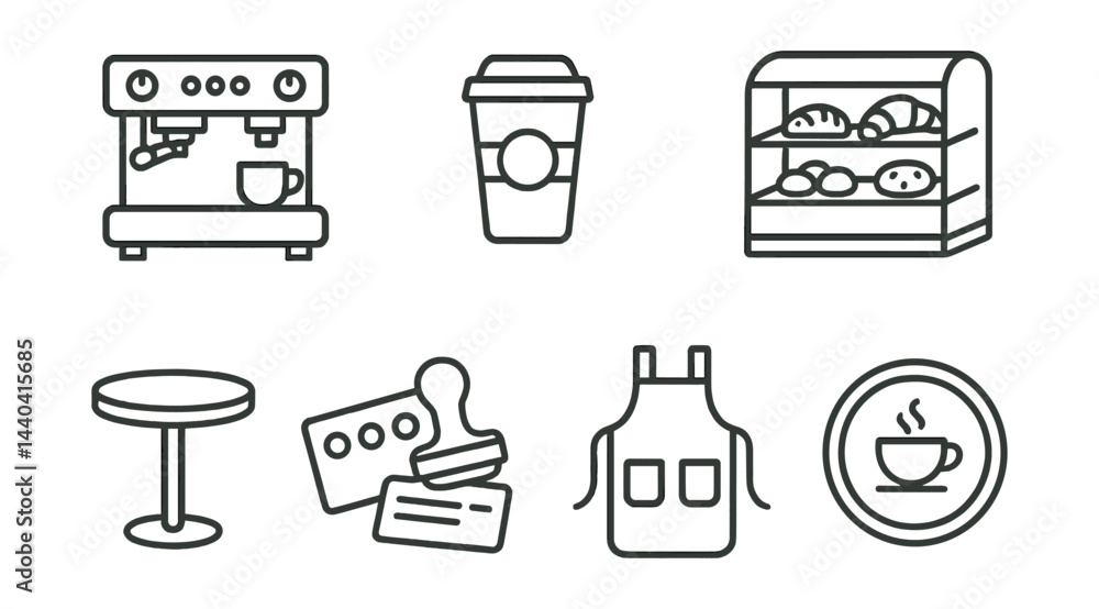 Coffeehouse essentials icons set – coffee maker, cup, bakery, table, cash register, apron, coffee cup Coffeehouse essentials icons set – coffee maker, cup, bakery, table, cash register, apron, coffee cup