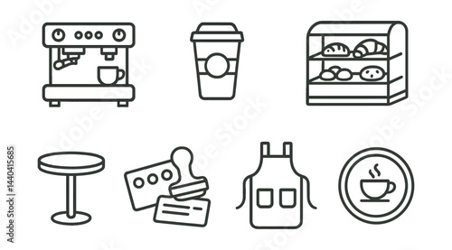 Coffeehouse essentials icons set – coffee maker, cup, bakery, table, cash register, apron, coffee cup