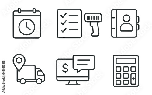 Business and productivity icons set – calendar, checklist, scanner, contact book, delivery, calculator