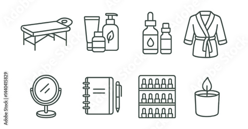 Spa and wellness icons set – massage table, skincare, oils, robe, mirror, journal, shelves, candle