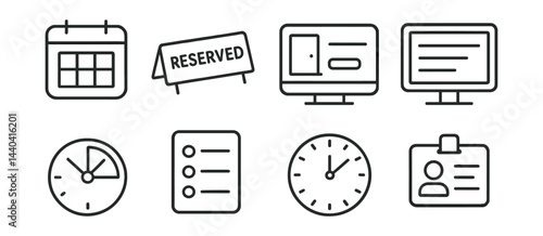 Business and office icons set – calendar, reserved, monitor, clock, checklist, id badge