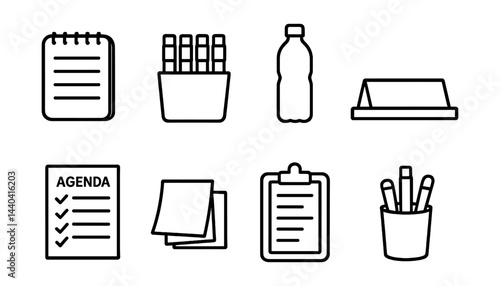 Office supplies icon set – notebook, pens, bottle, name tag, agenda, notes, clipboard, holder