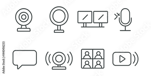 Video conferencing icons set – webcam, microphone, dual screens, chat, play