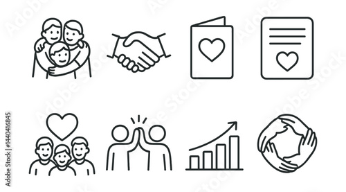 Family and community icons set – unity, support, growth, connection, love, teamwork