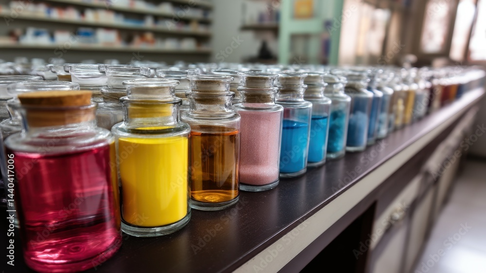 A row of jars filled with colorful liquids in a laboratory setting. A row of jars filled with colorful liquids in a laboratory setting.
