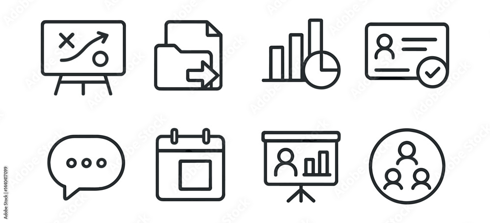 Business and management icons set – strategy, documents, analytics, profile, communication Business and management icons set – strategy, documents, analytics, profile, communication