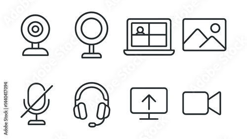 Video conferencing icons set – webcam, display, mute, headphones, gallery, picture, upload