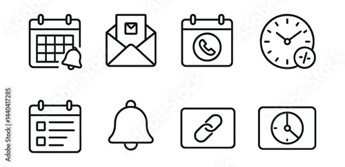 Time management icons set – calendar, notification, email, clock, link