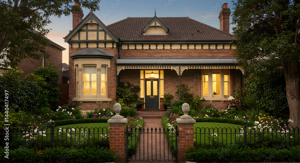 Fototapeta premium Charming Brick Home With Beautiful Garden And Classic Architecture