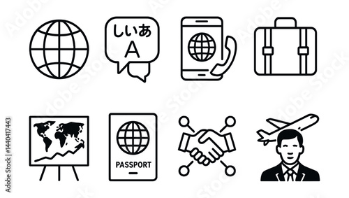 International travel and communication icons set – globe, translation, mobile, luggage, passport, plane