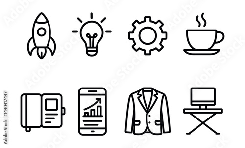 Business and productivity icons set – rocket, lightbulb, gear, coffee, planner, phone, suit, desk