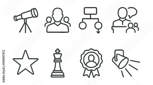 Leadership and strategy icons set – vision, team, hierarchy, speech, star, chess, award, spotlight