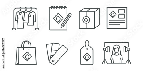 Clothing design and branding icons set – fashion, sketch, packaging, shopping, tag, photography