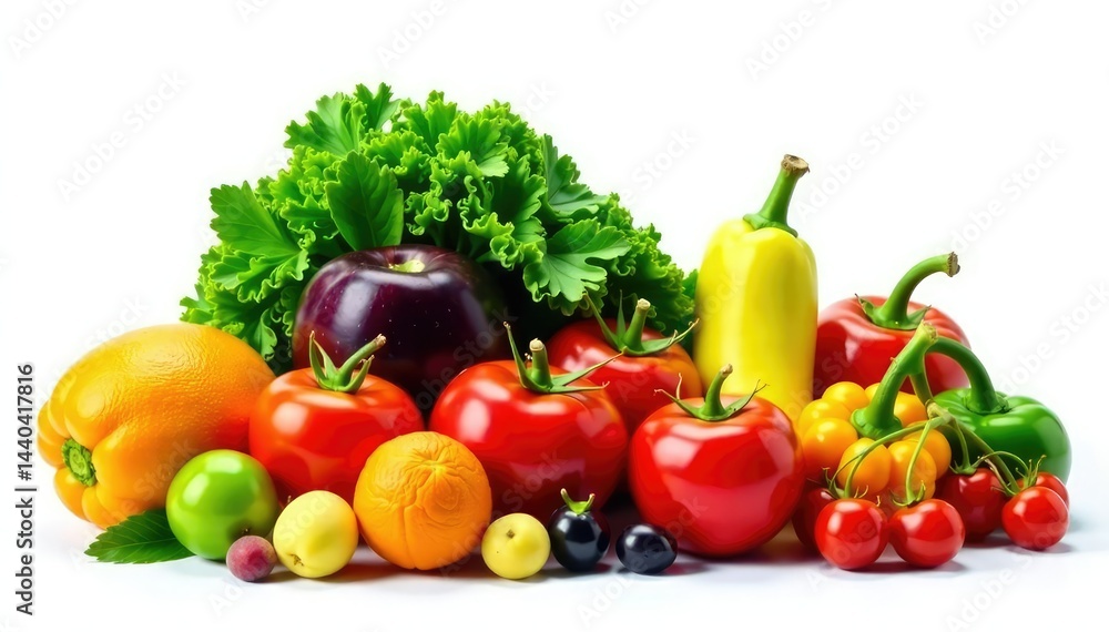 Variety of organic fruits and vegetables isolated on white, food photography, vegetarian, delicious Variety of organic fruits and vegetables isolated on white, food photography, vegetarian, delicious