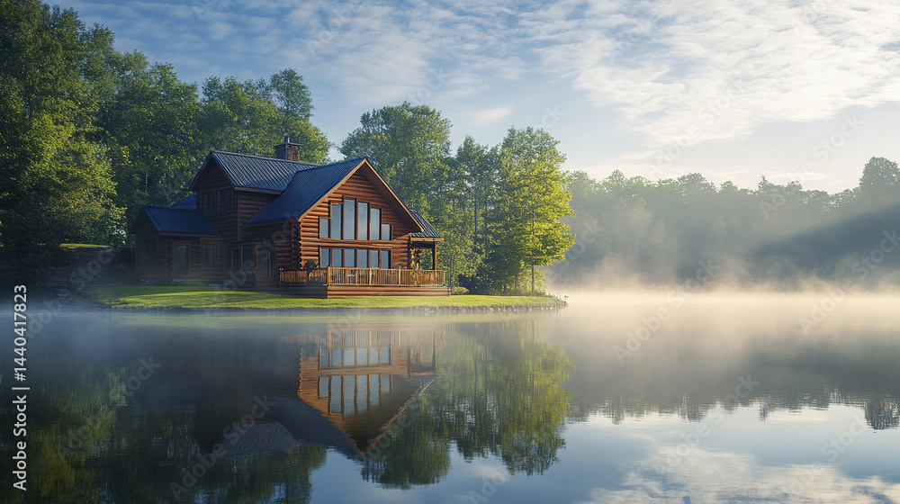 Obraz premium serene lakefront house surrounded by morning mist and lush greenery reflects beautifully calm