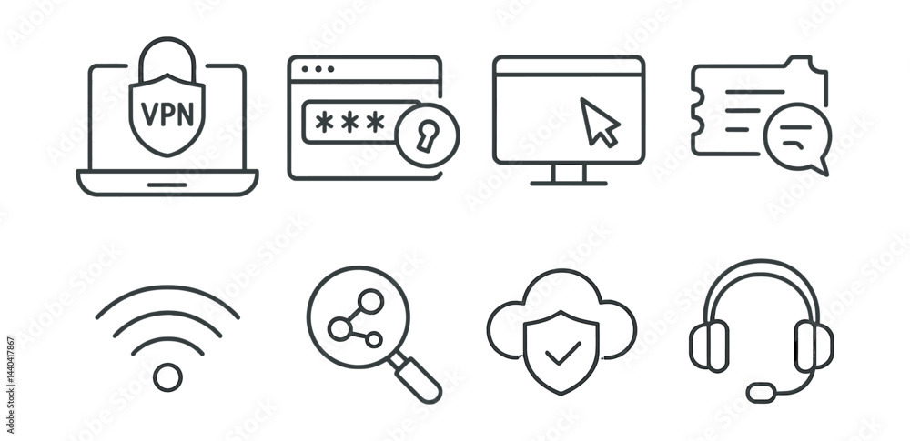 Cybersecurity and communication icons set – vpn, password, monitor, ticket, wifi, search, cloud, headset Cybersecurity and communication icons set – vpn, password, monitor, ticket, wifi, search, cloud, headset