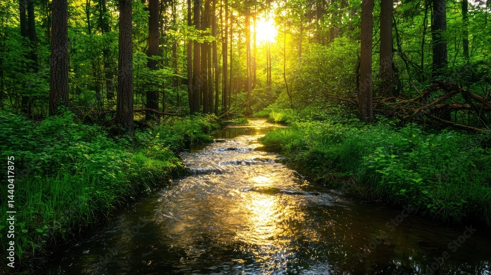 Fototapeta premium Narrow winding river reflecting sunlight through lush green forest on white background.