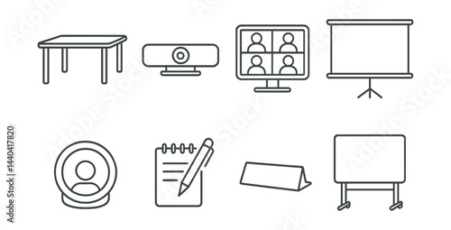 Office meeting essentials icon set – table, webcam, video call, projector, organizer