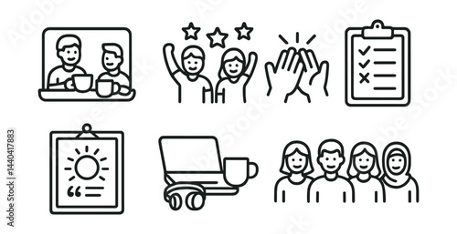 Team collaboration icons set – meeting, celebration, checklist, motivation, workspace, diversity
