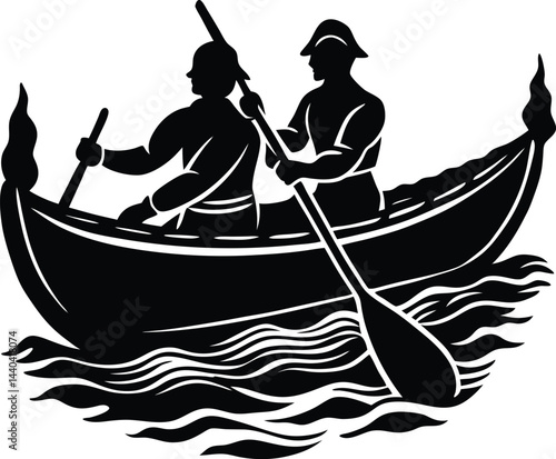 Two People Rowing Boat Silhouette Water Adventure Vector Isolated on transparent background

