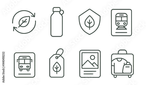 Eco-friendly travel icons set – recycle, bottle, leaf, train, bus, tag, luggage