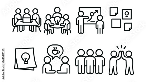 Business meeting and collaboration icons set – brainstorming, presentation, teamwork, discussion
