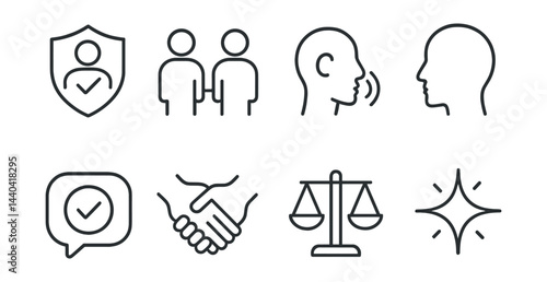 Business communication and ethics icons set – shield, dialogue, listening, checkmark, handshake
