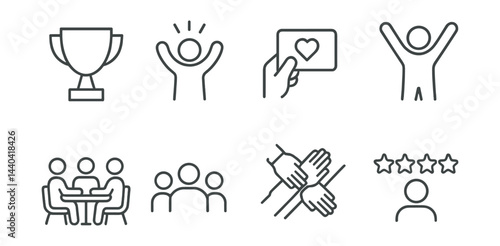 Achievement and teamwork icons set – trophy, celebration, card, team, meeting, collaboration, stars
