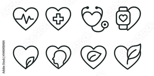 Health and wellness icons set – heartbeat, medical cross, stethoscope, watch, silhouette, leaf