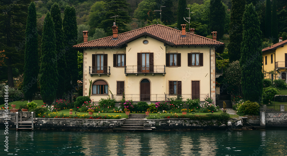 Obraz premium Elegant Italian Villa By Serene Waters With Lush Cypress Trees
