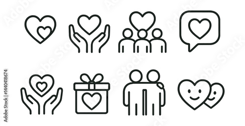 Heart and relationship icons set – community, gift, support, friendship, love