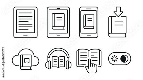 Digital reading icons set – ebook, tablet, smartphone, download, audiobook