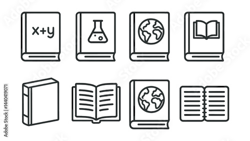 Educational book icons set – mathematics, chemistry, geography, literature