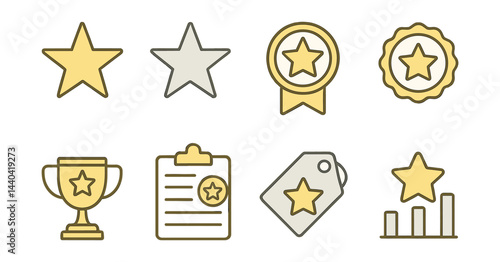 Achievement and rating icons set – star, trophy, badge, chart, medal, certificate