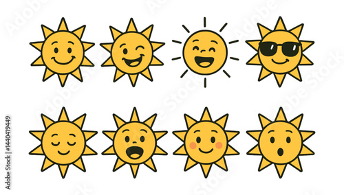 Sun expressions icons set – happy, wink, cool, smile, sunglasses, shy, surprised, cheerful