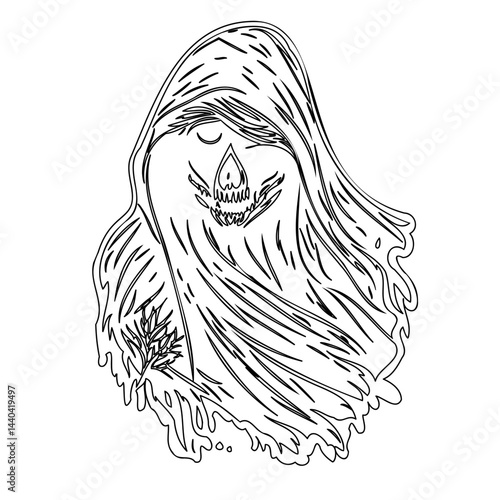 Ethereal monochrome specter with skeletal visage and flowing shroud sketch