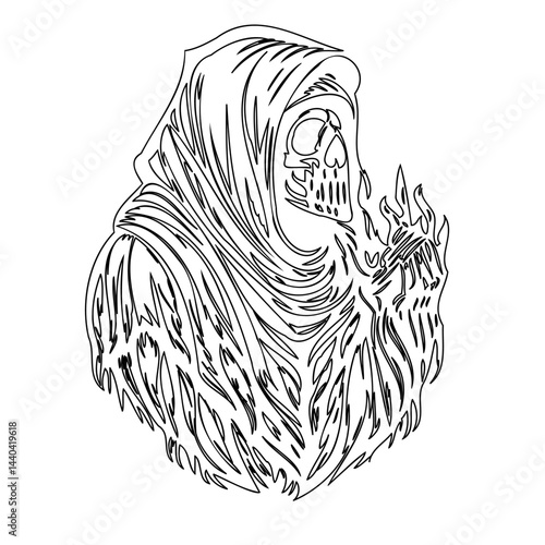 Monochrome depiction of a cloaked figure with skeletal face engulfed in flames