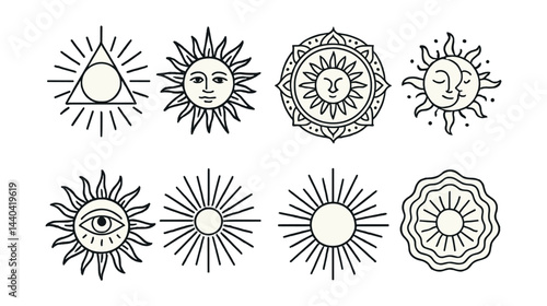 Mystical sun and moon icons set – sun, moon, mandala, eye, rays, triangle
