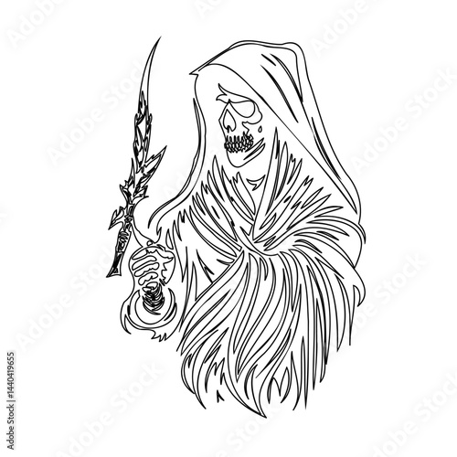Monochrome depiction of a spectral entity wielding a jagged blade of darkness