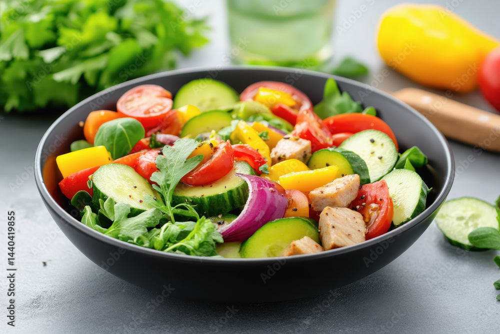 Bowl of fresh salad with chicken, tomatoes, cucumbers, and other ingredients for a high-protein vegan diet option Bowl of fresh salad with chicken, tomatoes, cucumbers, and other ingredients for a high-protein vegan diet option