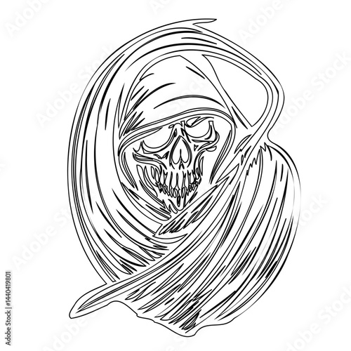 Grim reaper skull illustration with flowing robe, symbolizing mortality and death
