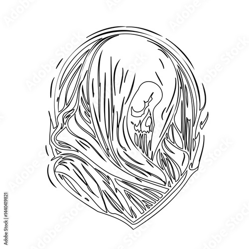 Monochrome depiction of a spectral figure shrouded in flowing fabric elements