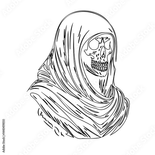 Monochromatic line art depicting a skull figure shrouded in fabric drapery