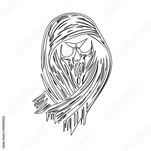 Eerie monochrome depiction of a skull shrouded in flowing, dark ethereal veils