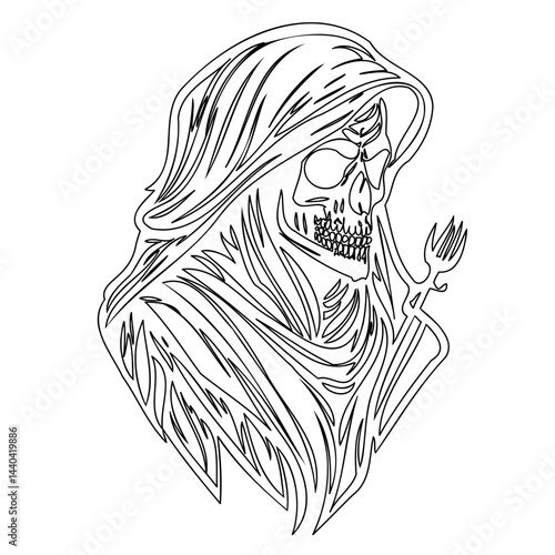 Grim outline of a skeletal figure shrouded in drapery, mysterious and stark