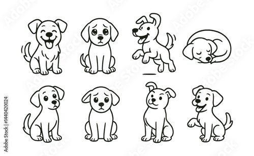 Adorable dog icons set – happy, sad, playful, sleeping, sitting, jumping, cartoon, outline, pet