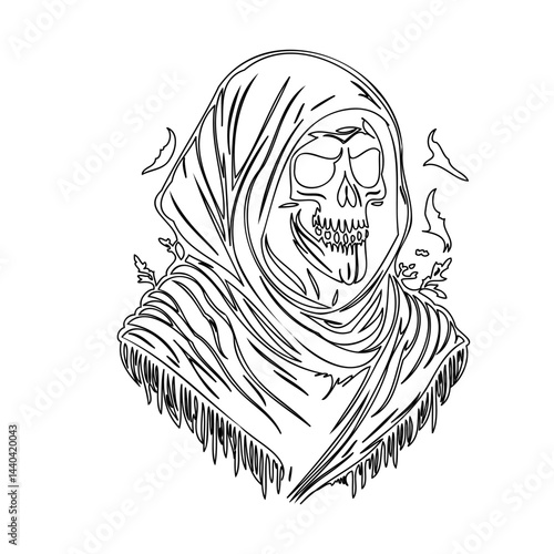 Monochromatic skeletal figure shrouded in fabric, evoking gothic and macabre atmosphere