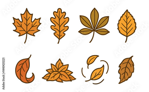 Autumn leaves icons set – maple, oak, chestnut, birch, falling, whirl, brown, yellow, seasonal