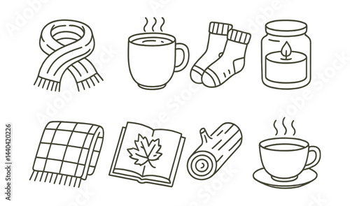 Cozy autumn essentials icons set – scarf, mug, socks, candle, blanket, book, log, teacup